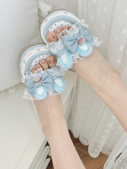 Blue Sweet Lolita Bow Accents Lace Trim Plush Bunny Ear Platform Slippers