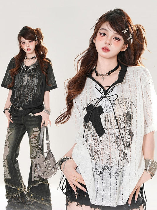 White/Black Lace-up Neckline Cross Applique Distressed Holes Graphic T-shirt
