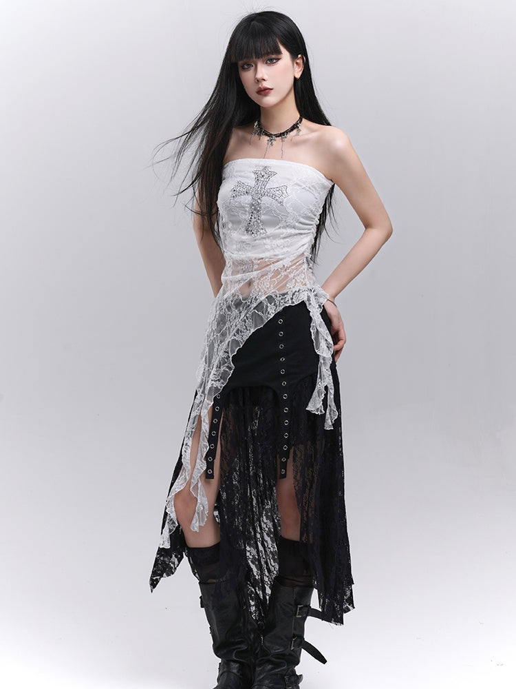 Black Elastic Waist Asymmetrical Hem Side Slit Lace Skirt