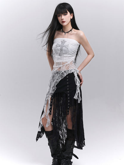 Black Elastic Waist Asymmetrical Hem Side Slit Lace Skirt