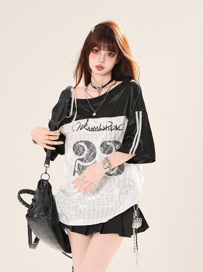 Asymmetrical Neckline Lace Number Applique Pink/Black Loose T-Shirt