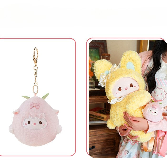 Yellow Rabbit-shaped Bowknot Plush Backpack + 3 Options Keychain Middle/Large Size