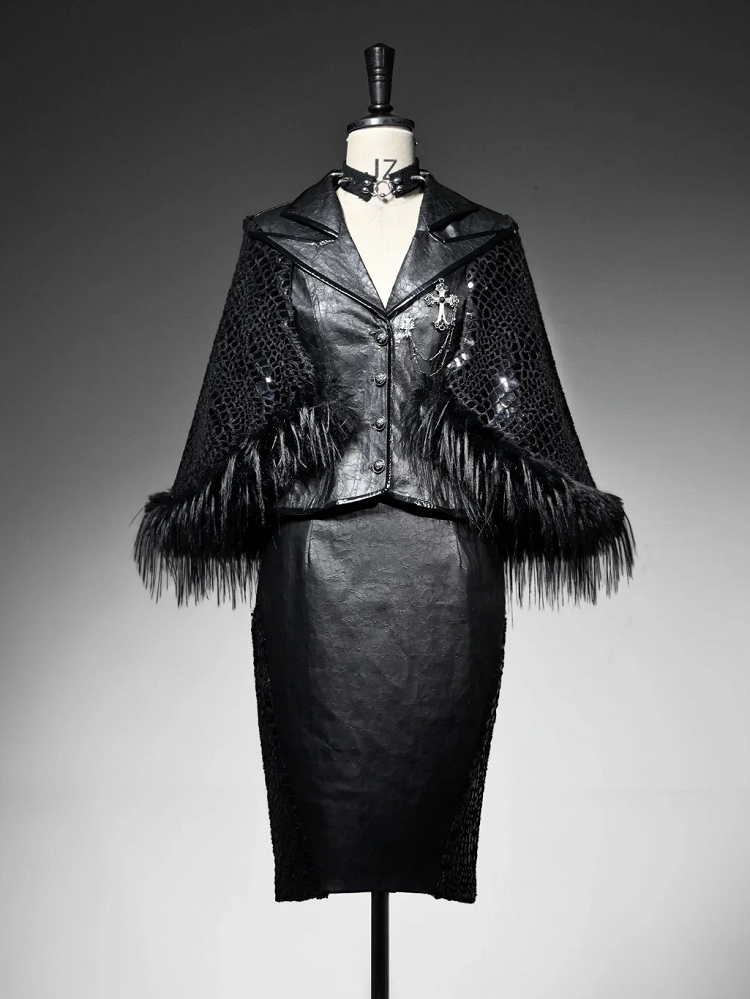 Black Sharp Angle Notched Collar Office Lady Fluffy Hemline Cape Design PU Leather Blazer