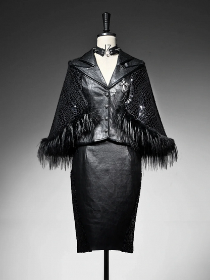 Black Sharp Angle Notched Collar Office Lady Fluffy Hemline Cape Design PU Leather Blazer