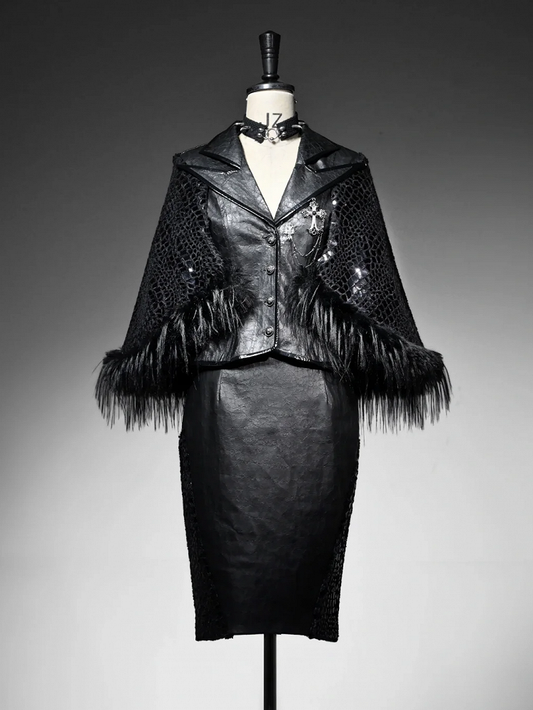 Black Sharp Angle Notched Collar Office Lady Fluffy Hemline Cape Design PU Leather Blazer