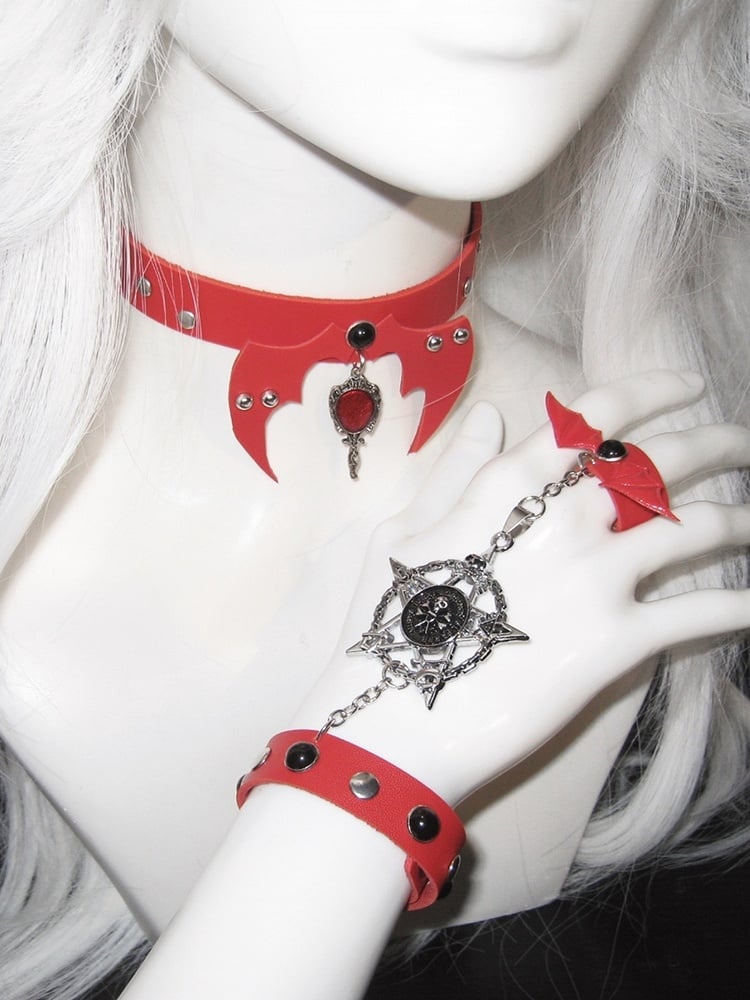 Black/White/Red Stud Detail Bat Wings Design Punk Choker