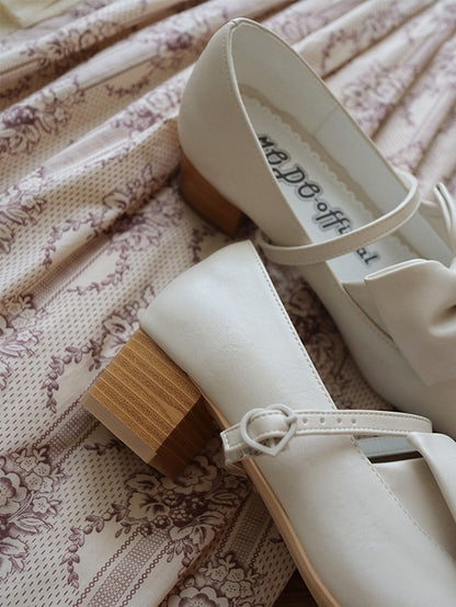 Classic Off-white Mary Janes in PU - Mid Heel with Bow Decor & Romantic Heart Clasp
