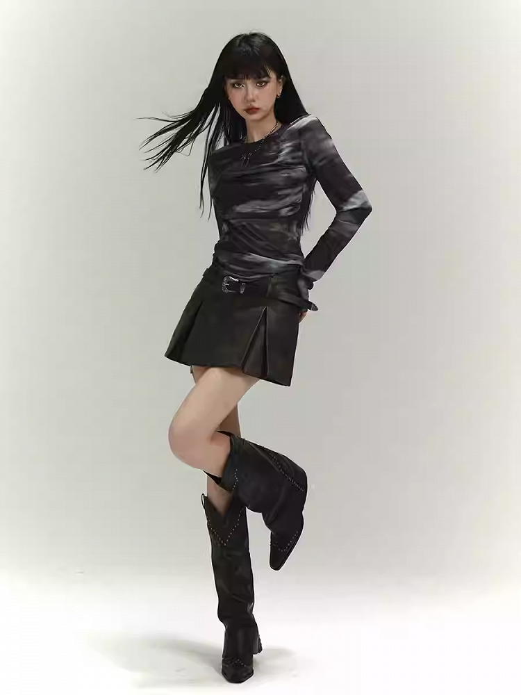 Black Round Neck Tie Dye Slim-fitting Top