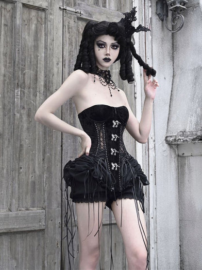 Gothic Black Bustier Corset Lace-up Top Drawstring Hem