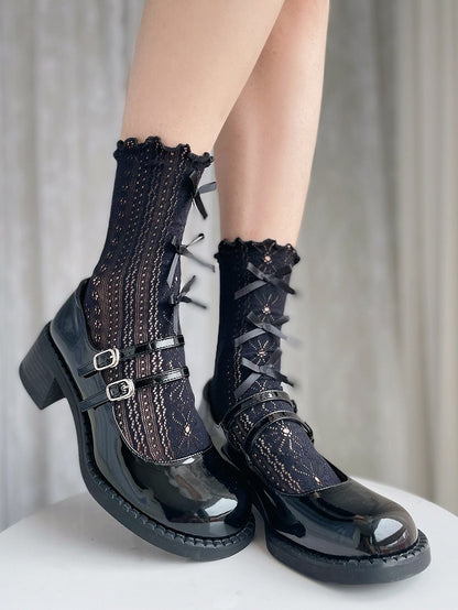 White/Light Yellow/Black Bows Daisy Calf Socks