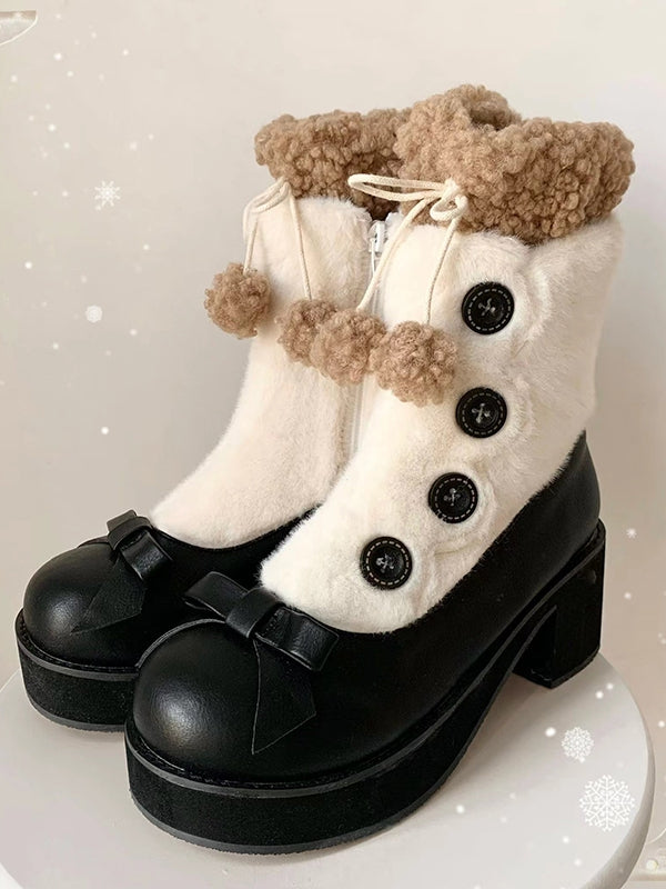 Fleece Lining with Button Embellishments & Functional Inner Zip Design 4cm/6cm Black & White Winter Boots in Elegant Lolita