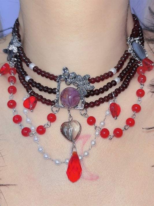 Red Black Y2K Punk Heart Rhinestone Pendant Beaded Necklace
