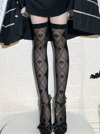 Black/White Diamond and Poker Pattern Alice in Wonderland Vibes Over Knee Stockings
