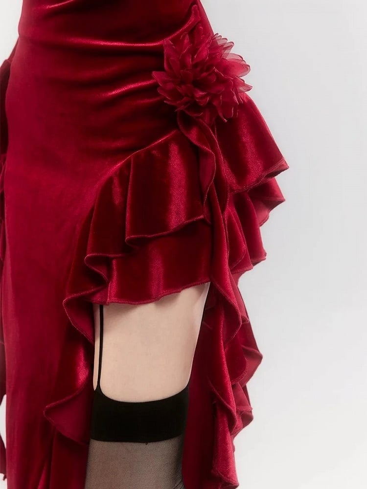 Red Velvet Lace Bell Sleeves Asymmetrical Ruffle Hem Dress