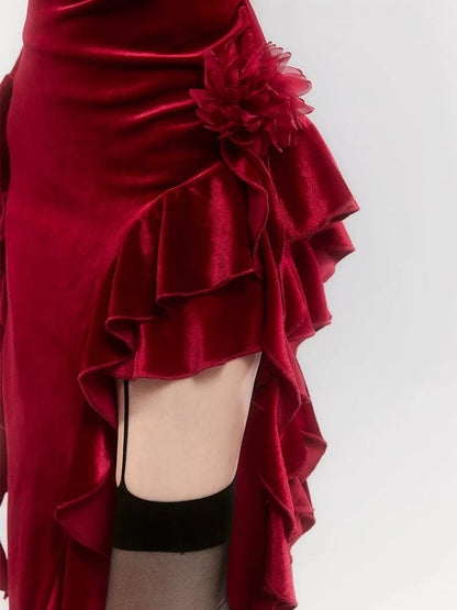 Red Velvet Lace Bell Sleeves Asymmetrical Ruffle Hem Dress