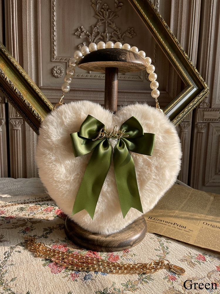 Lolita Plush Heart-Shaped Hand Bag with Bowknot and Bead Handle – 11 Color Options