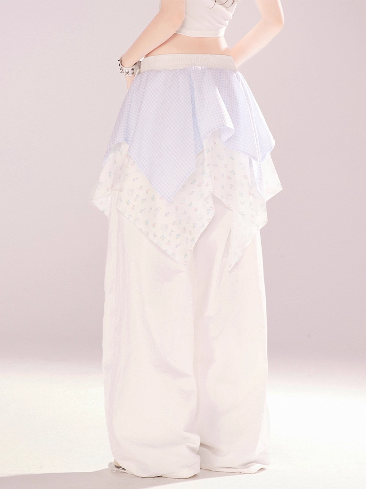 White Low Waist Handkerchief Hem Wide-leg Pants Faux Two-pieces