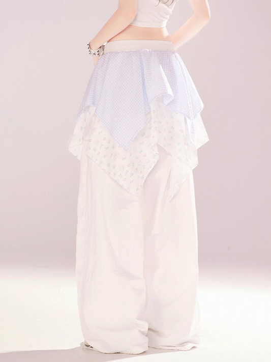 White Low Waist Handkerchief Hem Wide-leg Pants Faux Two-pieces