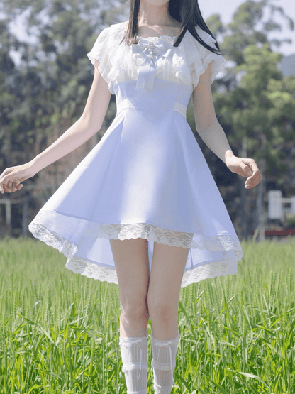 Jirai Kei Light Blue High Waist Lace Trim Dress with Chains Decorated Bowtie