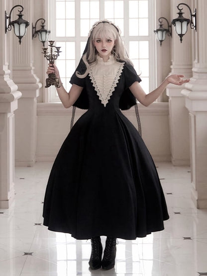 Clearance-Size S for Bust 84CM Elegant Black and Beige Ruffle Banded Collar Gothic Nun Lolita Dress Long Version
