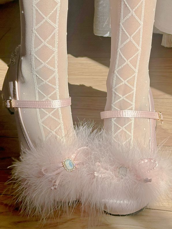 Light Pink/Light Gray Feather Rhinestone Bow at Top Mary Janes with Beaded Chain