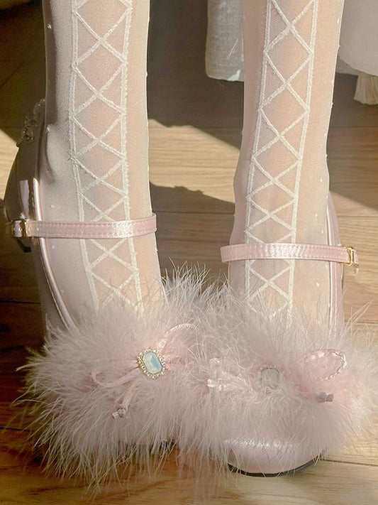 Light Pink/Light Gray Feather Rhinestone Bow at Top Mary Janes with Beaded Chain