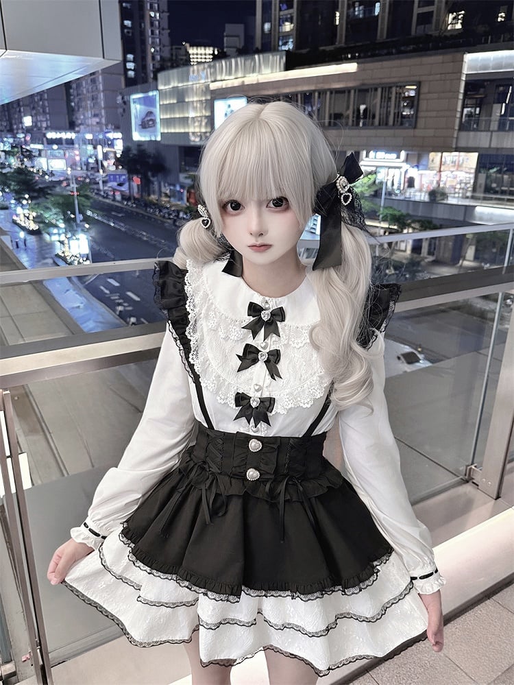 Jirai Kei Black Bowknots White Peter Pan Collar Lace Trim Blouse