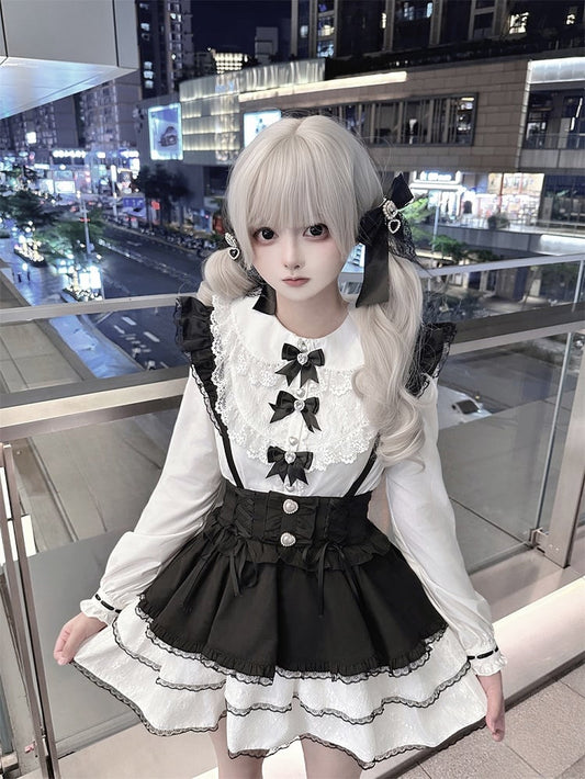 Jirai Kei Black Bowknots White Peter Pan Collar Lace Trim Blouse