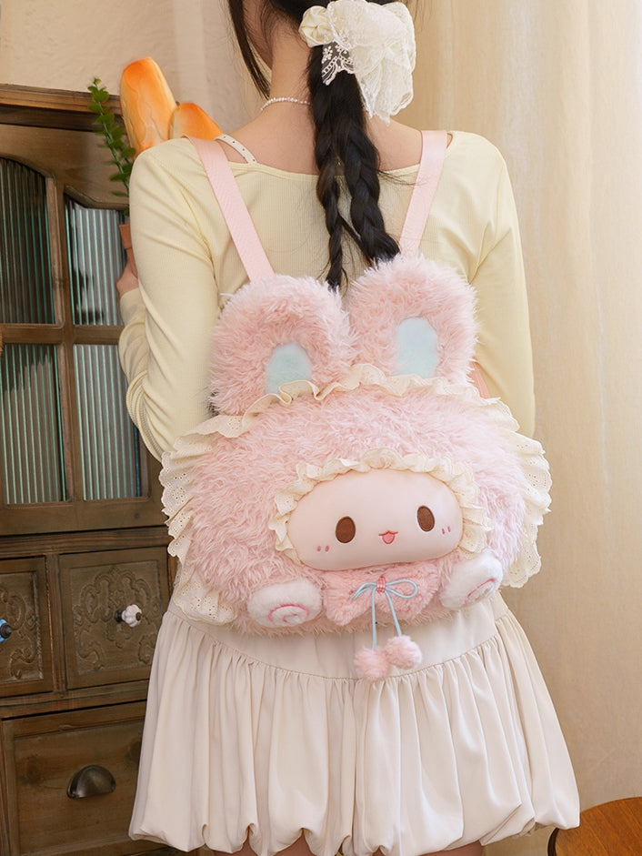 Pink Rabbit-shaped Lace Trim Plush Backpack