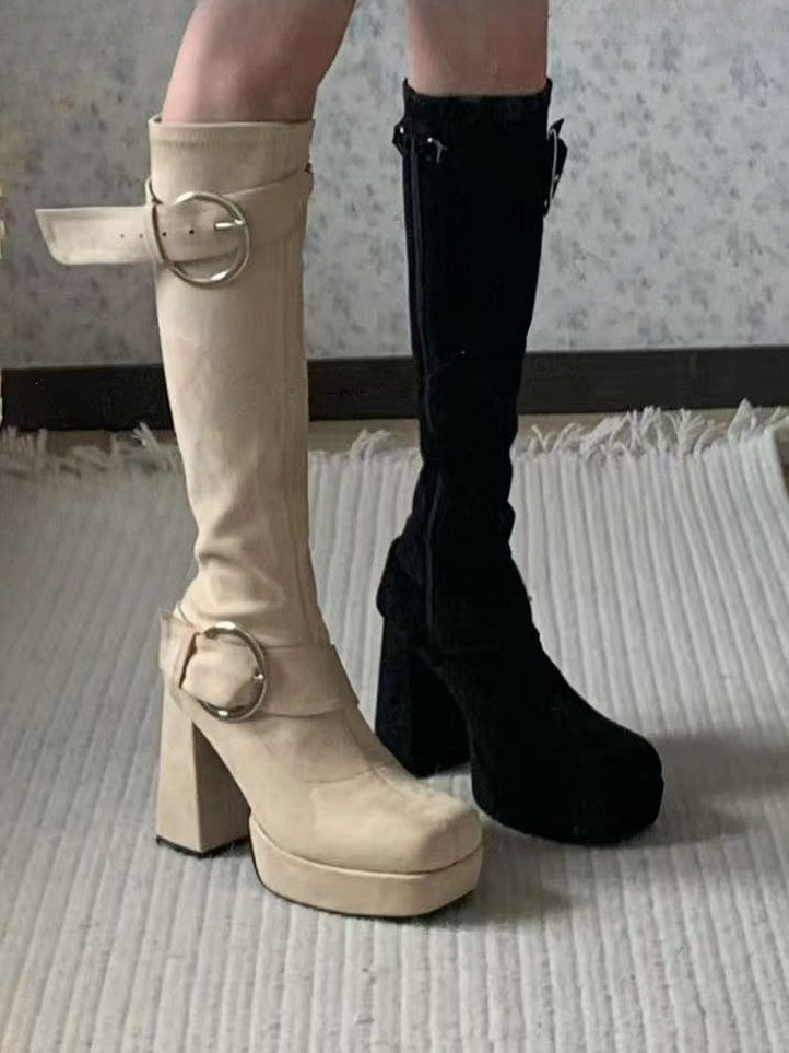 Khaki Lolita Platform Knee-High Boots - Square Toe High Block Heel with Buckle Accents & Inner Zip