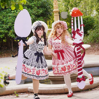 Plus Size Red Strawberry and Bow Print Lolita Gingham Dress