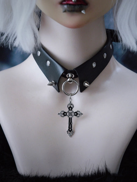 Cross Pendant Y2K Studs Black Gothic PU Choker