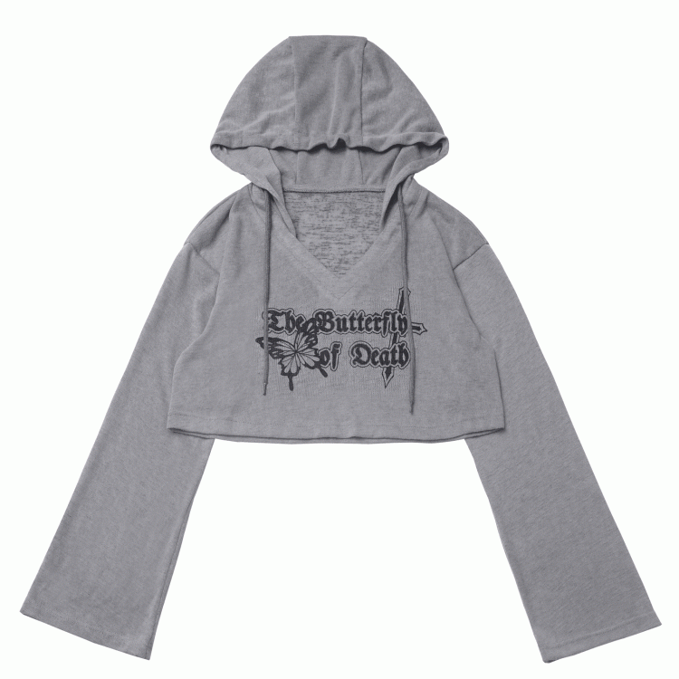 Gray/Khaki V-neck Butterfly Print Hooded Knit Coverup