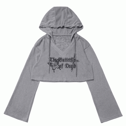 Gray/Khaki V-neck Butterfly Print Hooded Knit Coverup