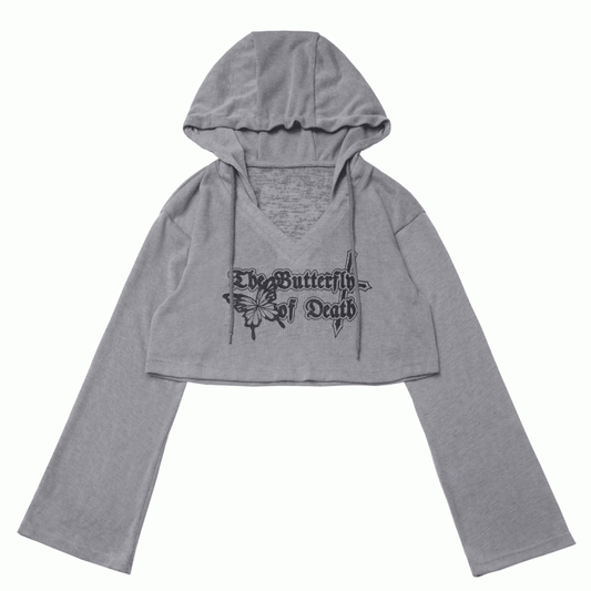 Gray/Khaki V-neck Butterfly Print Hooded Knit Coverup