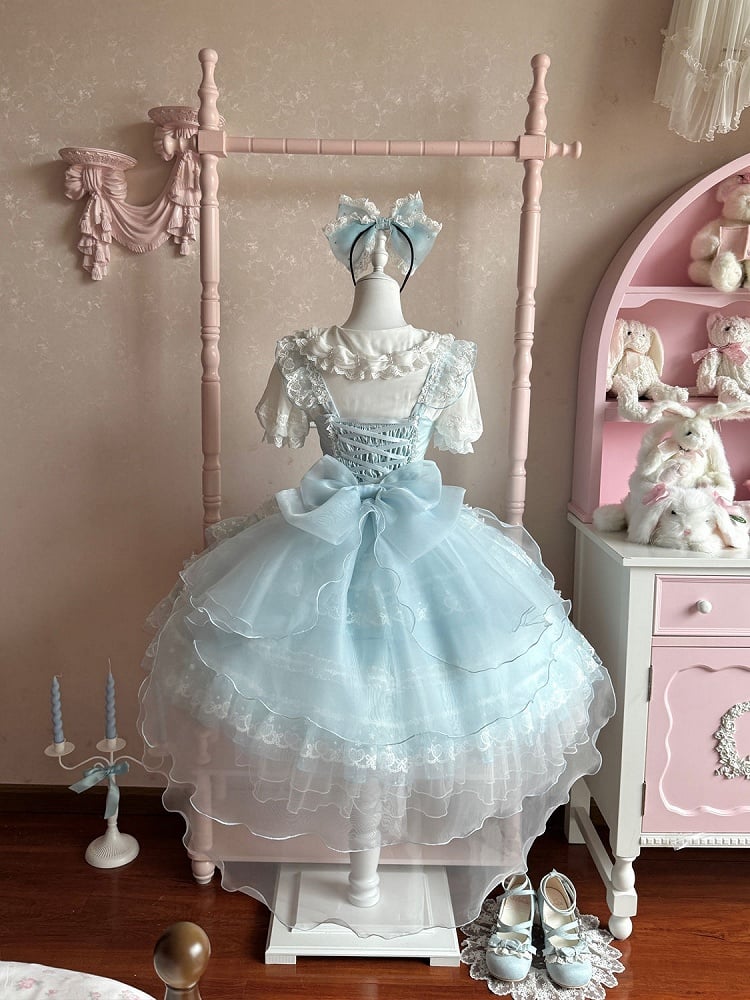 Blue Bow Accents Hanayome Princess Dress Layered Tulle Skirt Lolita JSK
