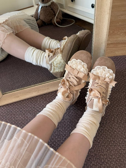 Khaki Sweet Lolita Balletcore Front Lace-up Ties Lace Trim Sneakers