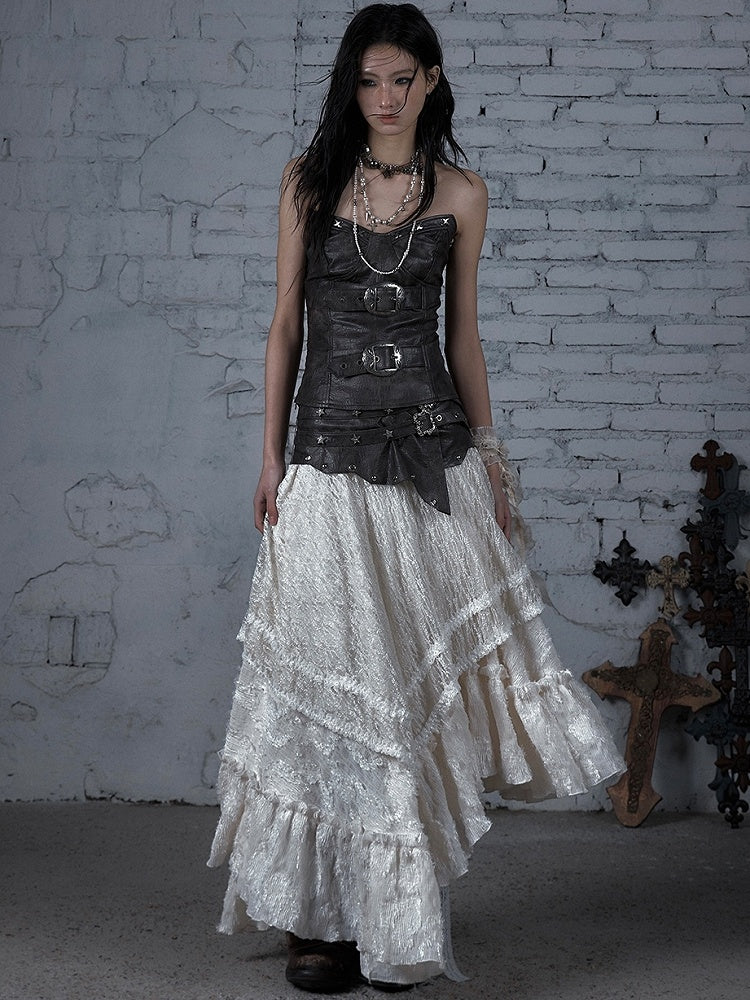 White Wasteland Punk Star Studs PU Waistline Asymmetrical Flounce Hem Skirt