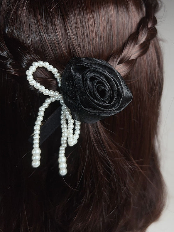 Black/Pink/Purple Beaded Bowknot Decorated Rosette Design Hairclip