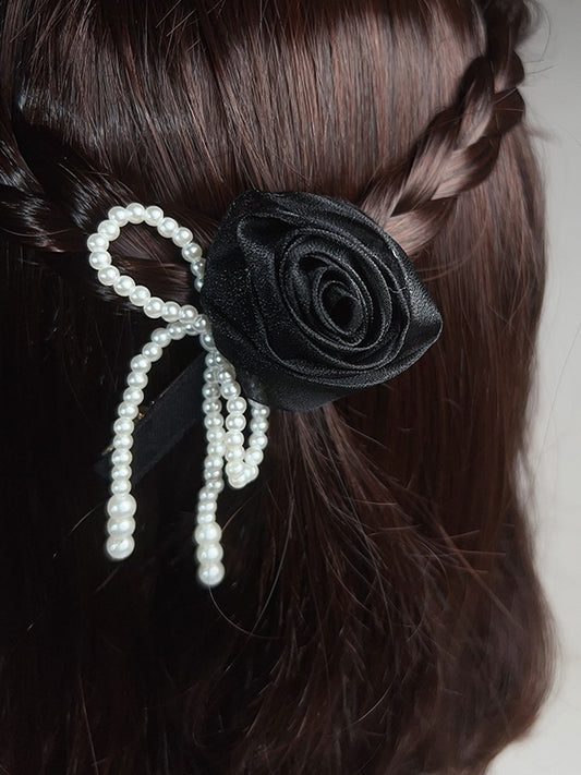 Black/Pink/Purple Beaded Bowknot Decorated Rosette Design Hairclip