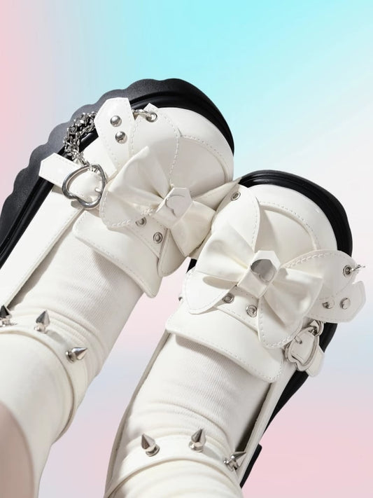 White Punk Bowknot Decorated Butterfly Heart Buckles Studs Details Platforms