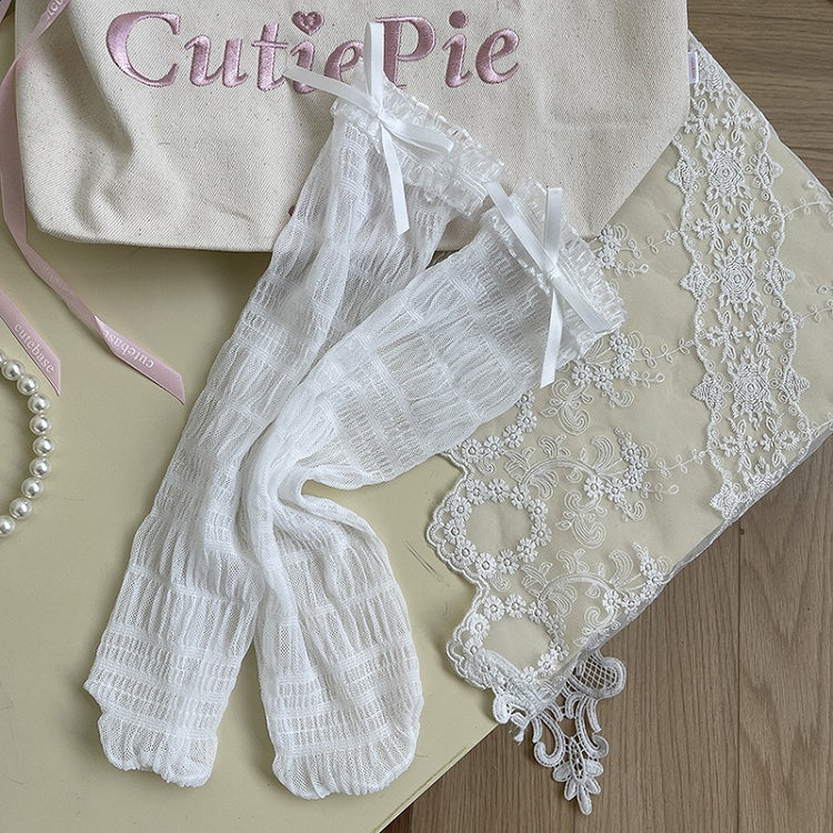 White/Black Bowknot Details Lace Ruffled Tulle Socks
