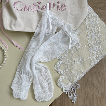 White/Black Bowknot Details Lace Ruffled Tulle Socks