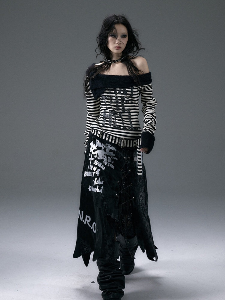 Red&White/Black&White Stripes Letter Print Top with Detachable Plush Collar