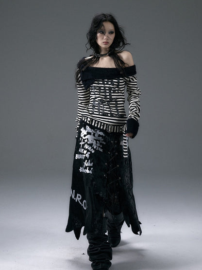 Red&White/Black&White Stripes Letter Print Top with Detachable Plush Collar