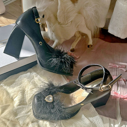 Heart-shaped Rhinestone Black High Block Heel Mary Janes