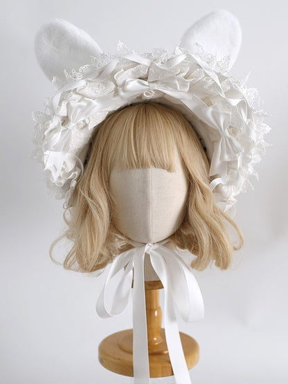 5 Color Options Bowknot Details Lace Trim Bunny Ear Bonnet