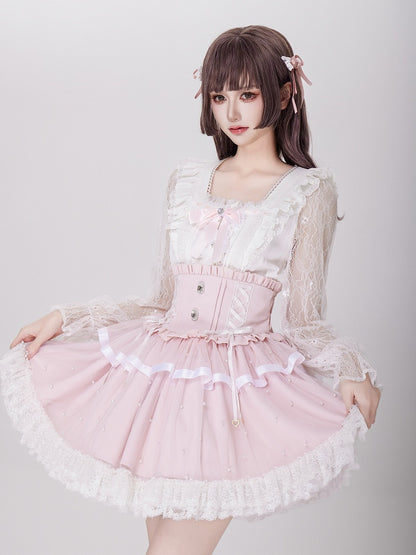 Allover Beads Pink High Waist Jirai Kei Skirt with Lace Up and Shirring Waist