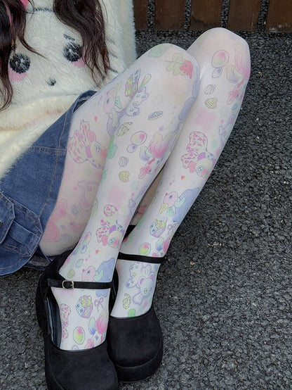White Sweet Goldfish Print Cartoon Tights