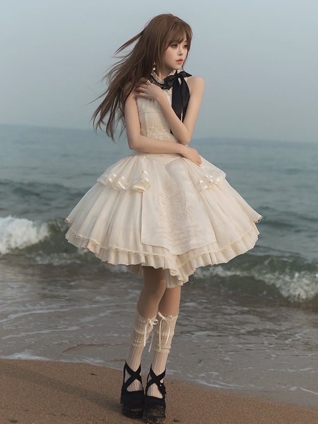 Creamy Delicate Embroidery Detail Classic Lolita Backless Halter Neck Dress